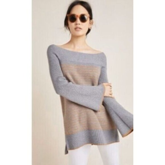 Anthropologie Sweaters - By Anthropologie Large Elise Tunic Sweater Off Shoulder Striped Gray Womens